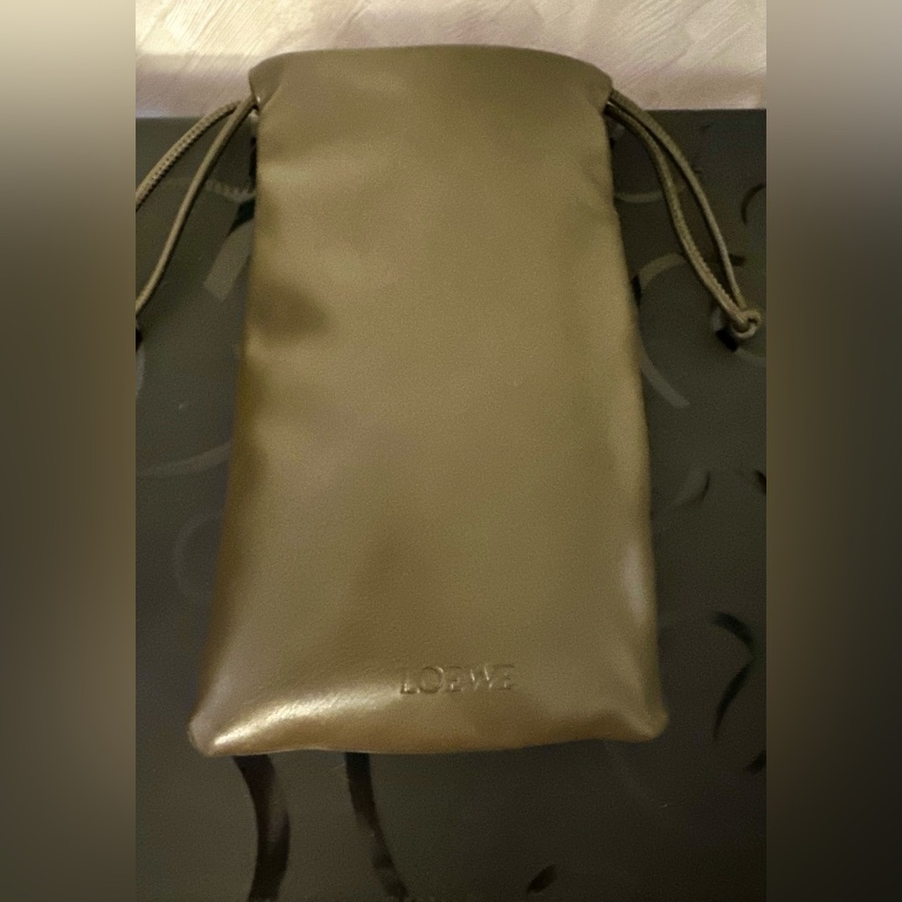 Loewe Olive Green Leather Drawstring Pouch with cloth. (No glasses)